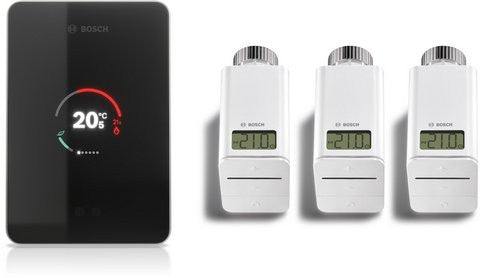 Bosch EasyControl CT 200 smart heating controller with three wireless radiator thermostats and adapter for energy-efficient zonal temperature control.