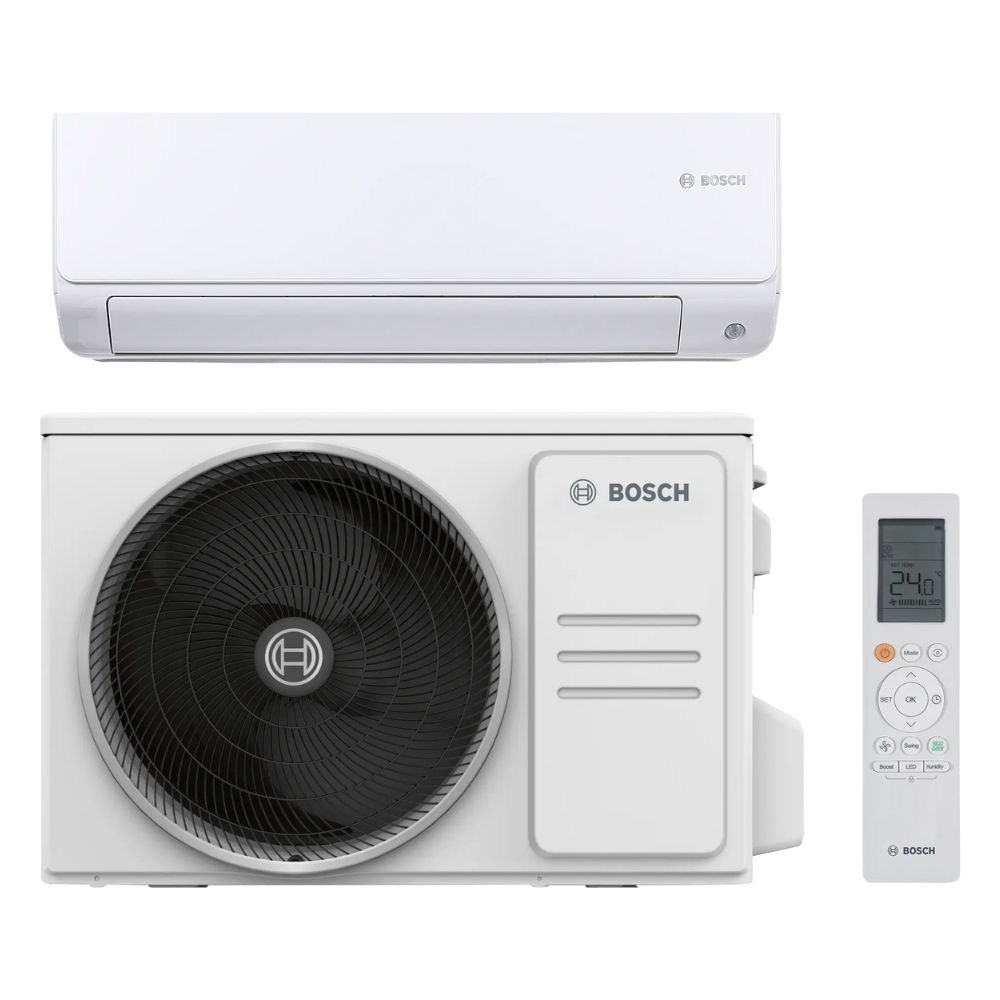 Bosch Climate 6000i inverter air conditioner with indoor and outdoor units and remote control, energy-efficient A+++ cooling, multi-layer air filtration, humidity control, and smart connectivity.