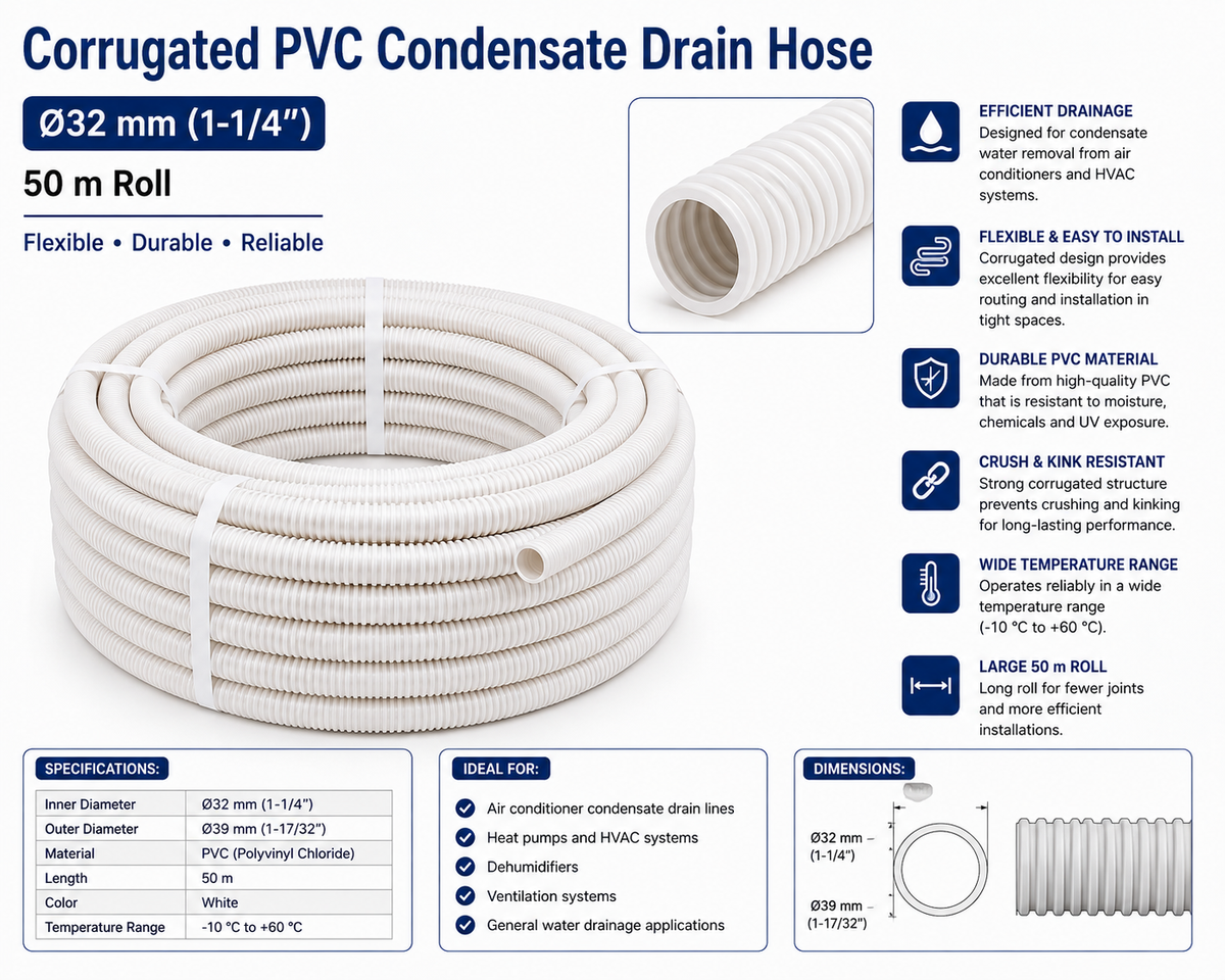 Corrugated PVC Condensate Drain Hose Ø32 mm (1-1/4″) – 50 m Roll