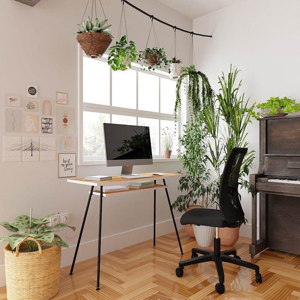 Modern office desk with black steel legs and walnut top in a bright room with plants and a computer monitor