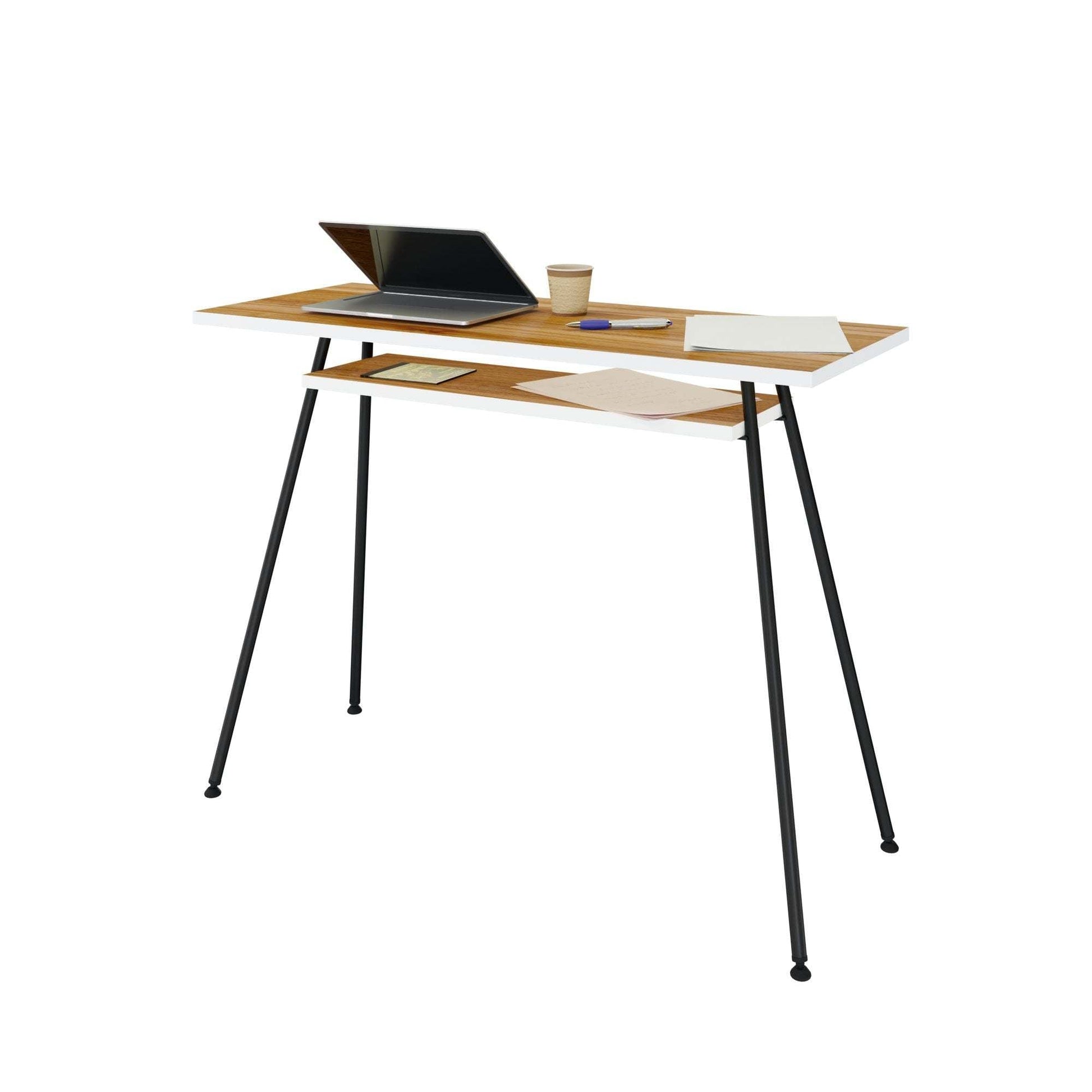 Black and walnut Kost Dash office desk with slim steel legs and spacious top holding laptop and stationery