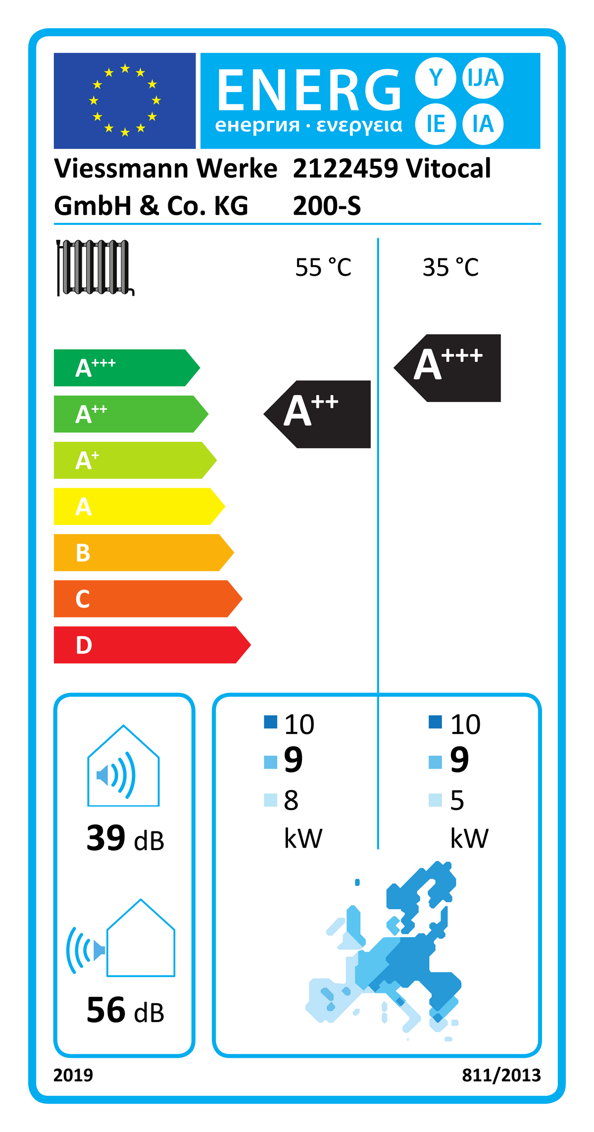EU Energy Label Vitocal 200-S AWB-M-E-AC 201.D10 10 KW (EPREL 220237)