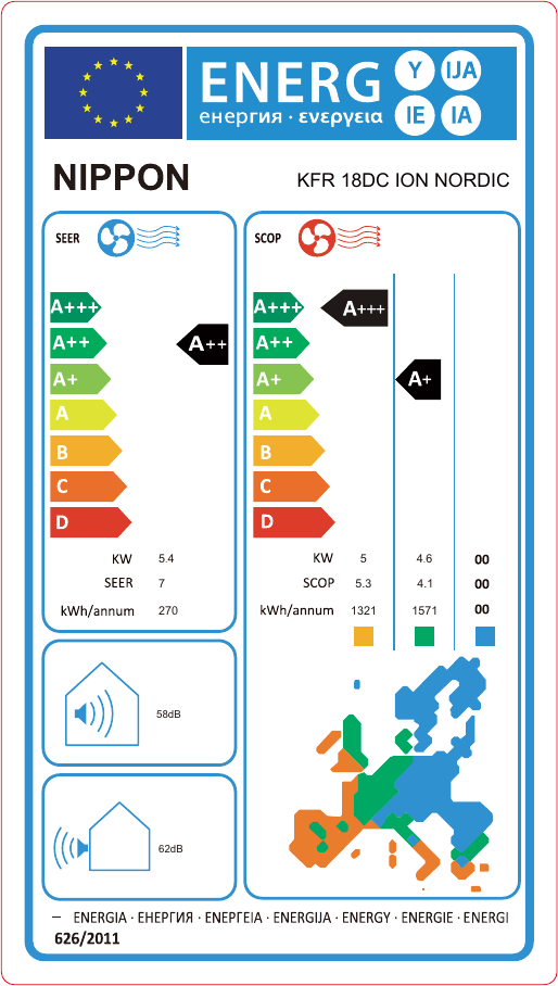EU Energy Label KFR 18DC ION NORDIC (Hersteller-Label via Bittel)