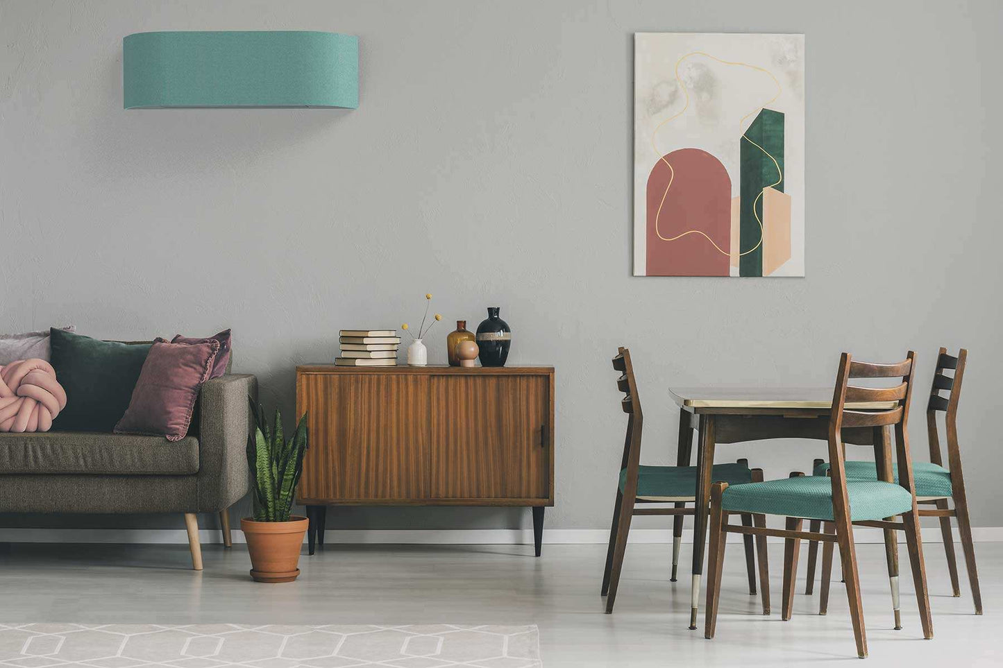 Bluish emerald blue decorative panel for Toshiba Haori RB-I4106-E air conditioner with modern living room background