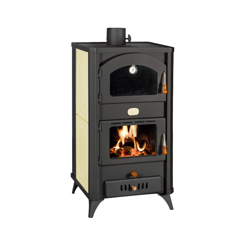 Kaminofen Prity FG W18 R wood-burning stove with Wassermantel and oven, black and beige design, efficient heating with visible flames