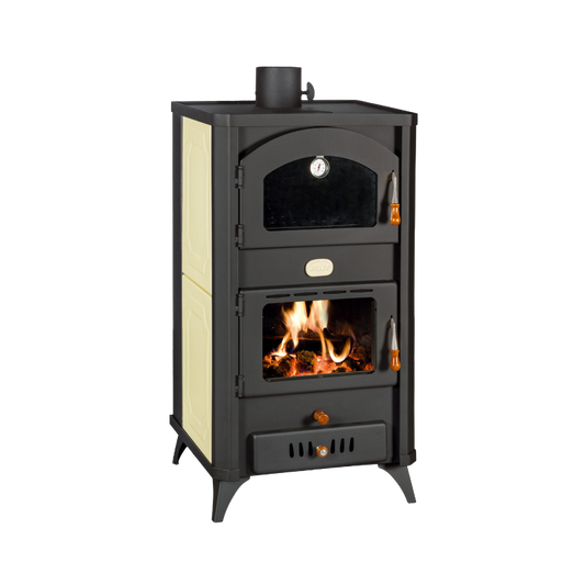 Fireplace Prity FG W18 R wood-burning stove with water jacket and oven, black and beige design, efficient heating with visible flames
