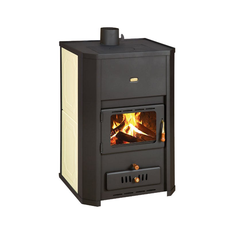 Kaminofen Prity WD W24 wood-burning stove with Wassermantel for Zentralheizung system and decorative metal cladding