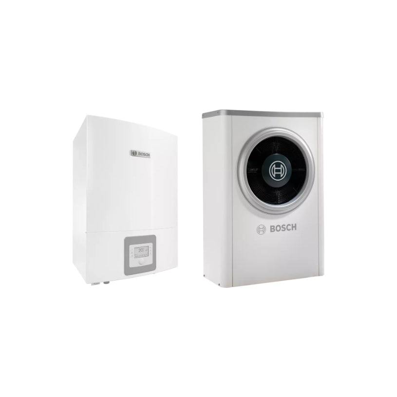 Heat pump Bosch Compress 6000 AW monobloc hybrid system with indoor and outdoor units for efficient heating and cooling in single-family homes.