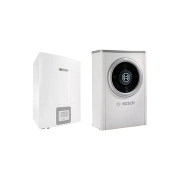 Heat pump Bosch Compress 6000 AW monobloc hybrid system with indoor and outdoor units for efficient heating and cooling in single-family homes.