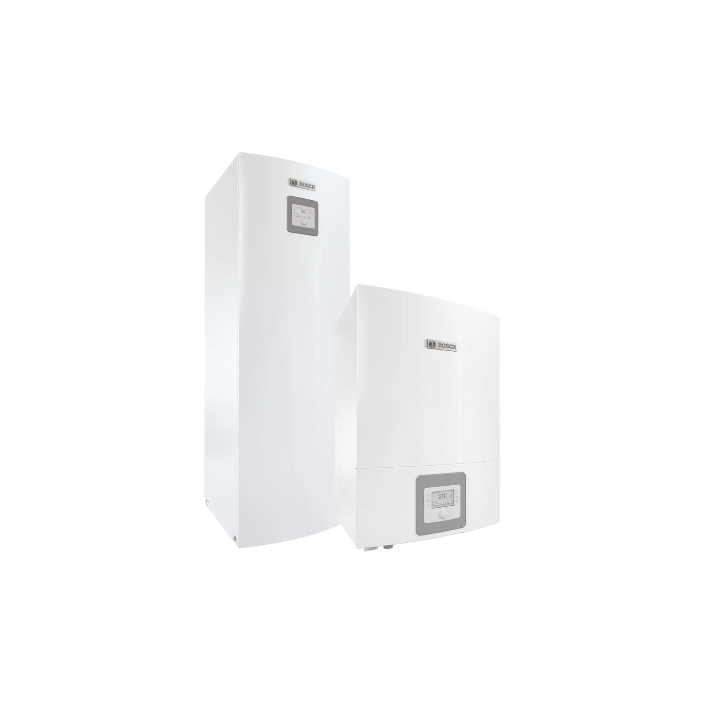 Heat pump Bosch Compress 6000 AW monobloc with built-in 190-liter boiler, white compact heating unit for single-family homes.