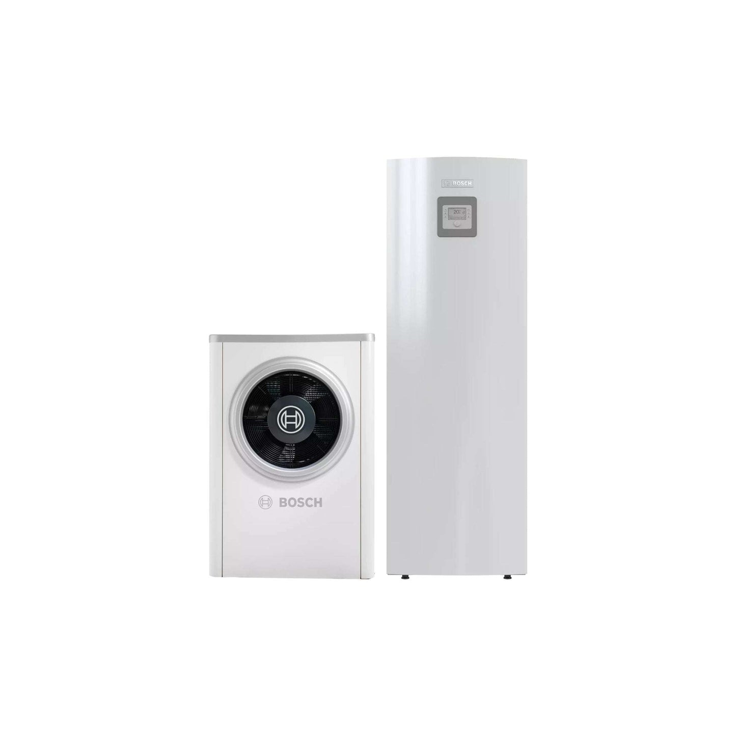 Heat pump Bosch Compress 6000 AW monobloc with built-in 190L boiler, 17 kW, white compact design.