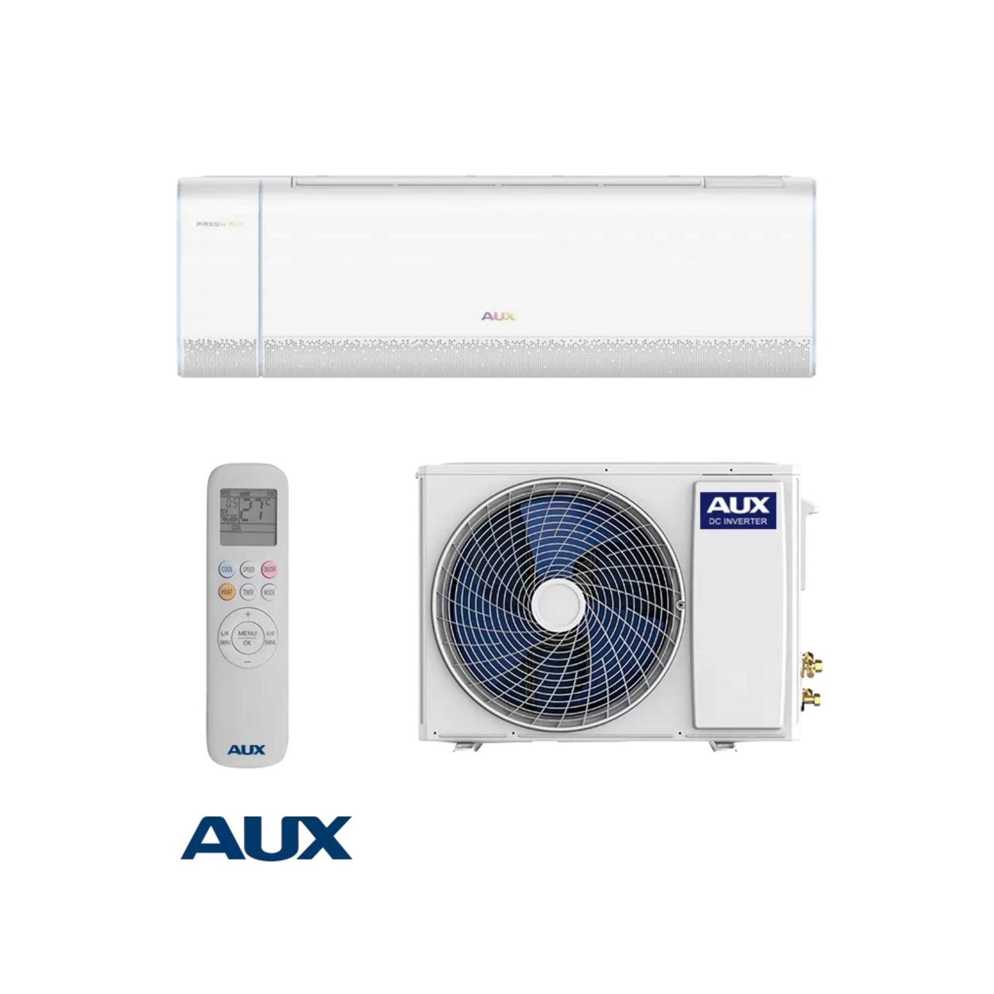 Inverter air conditioner AUX Q-Plus ASW-H12C5C4/BQAR3DI-C1 with 12,000 BTU cooling capacity and Wi-Fi connectivity.