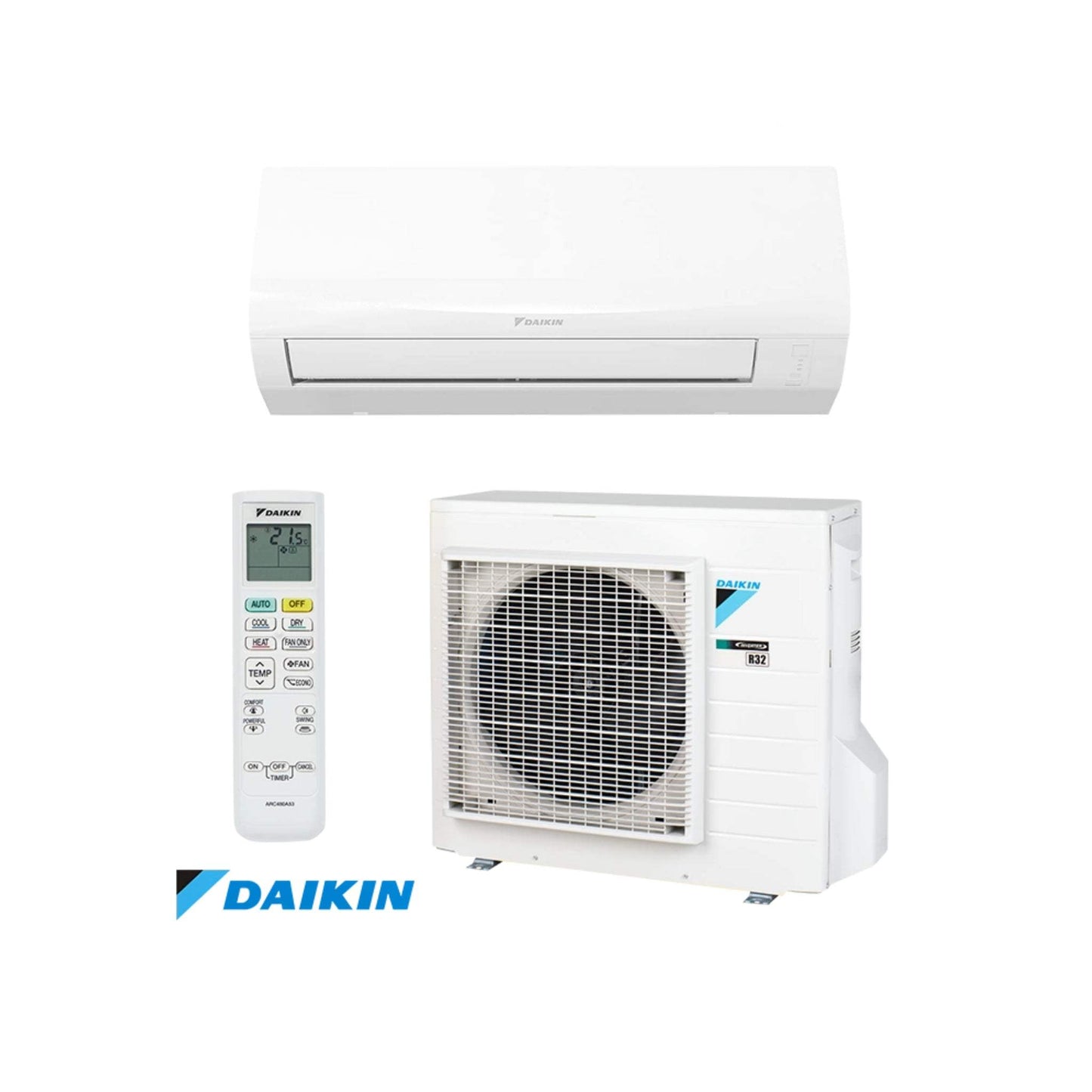 Daikin Sensira FTXF20E inverter air conditioner 7000 BTU with remote control and eco-friendly R-32 refrigerant.
