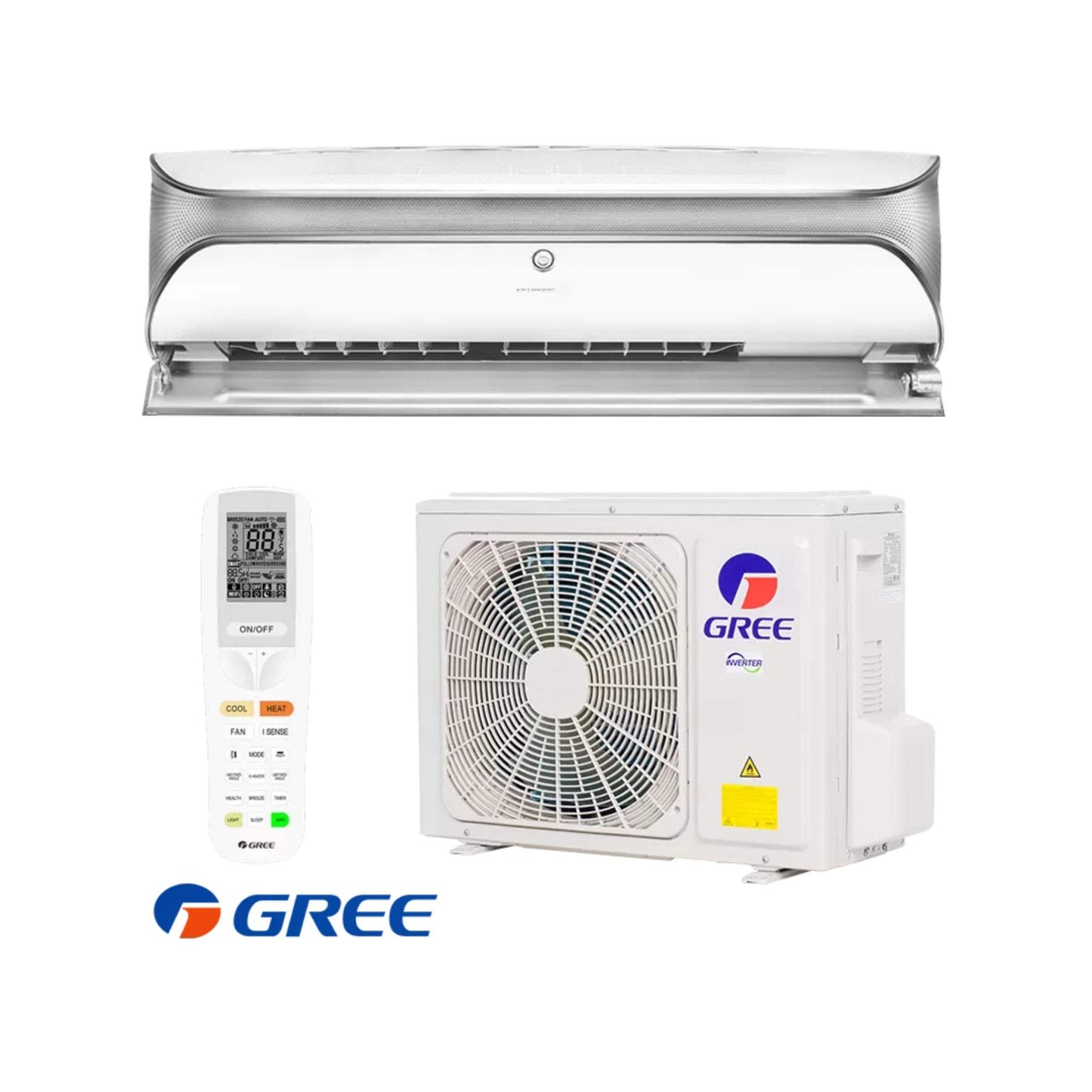 Technical specifications table for Gree Soyal II Inverter Klimaanlage 9000 BTU mit WLAN, cooling/heating capacity, power consumption, efficiency ratings, dimensions, weight, sound pressure, refrigerant type, operation range, and warranty details.
