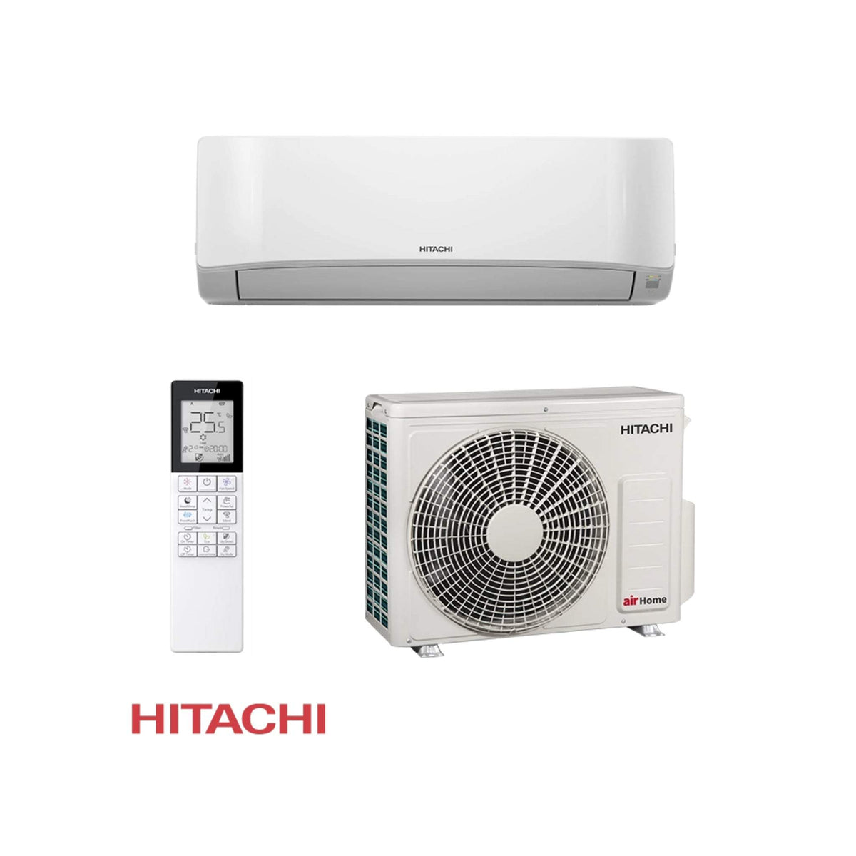 Hitachi AirHome 400 inverter air conditioner with indoor unit, outdoor compressor, and remote control, 18000 BTU cooling capacity.