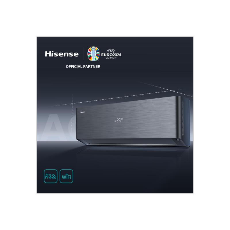 Hisense Energy Pro X black inverter air conditioner 12,000 BTU with R32 refrigerant and WiFi connectivity.