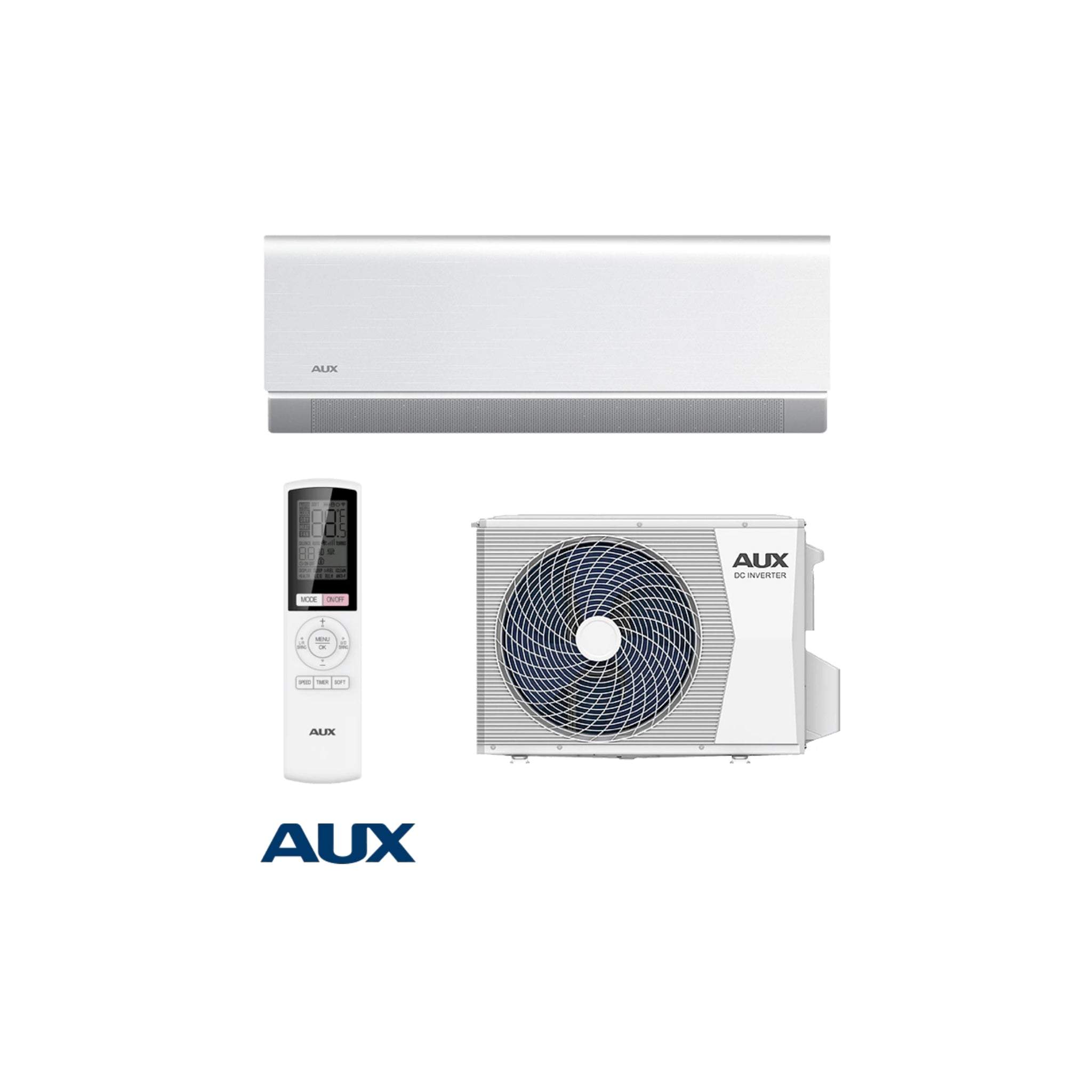 Inverter air conditioner AUX C+++ 18000 BTU with Wi-Fi, energy efficient A+++ cooling and heating, remote control, indoor and outdoor units.