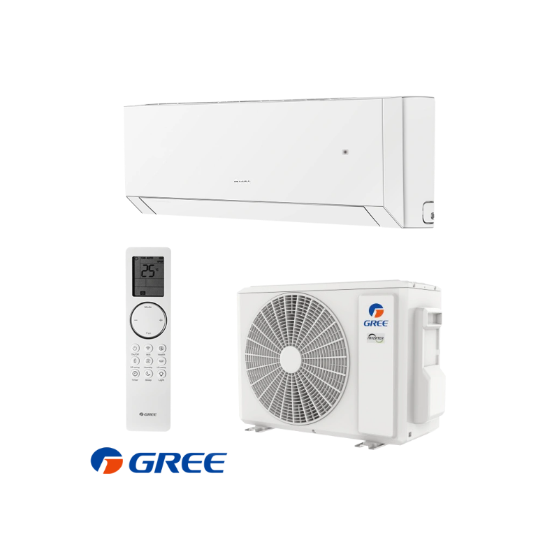 Inverter air conditioner Gree Clivia with indoor unit, outdoor unit, and remote control.