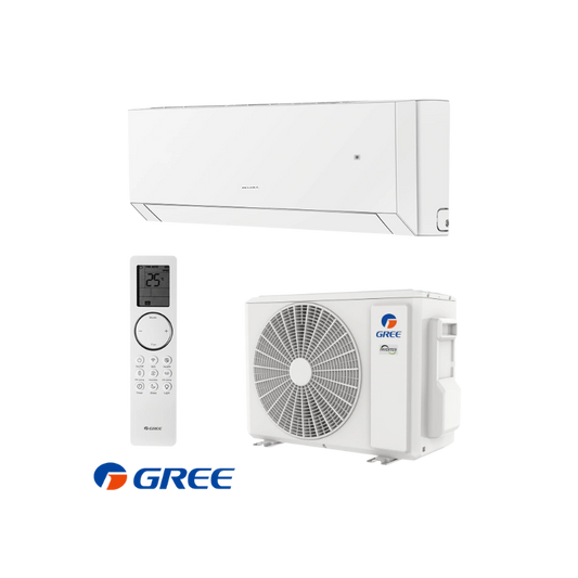 Inverter air conditioner Gree Clivia with indoor unit, outdoor unit, and remote control.