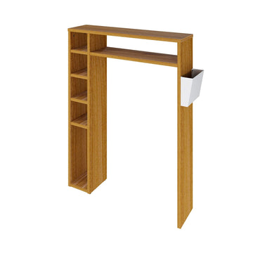 Compact bathroom storage shelf "Helmer" in walnut finish with five side shelves and a white side compartment for organizing toiletries.