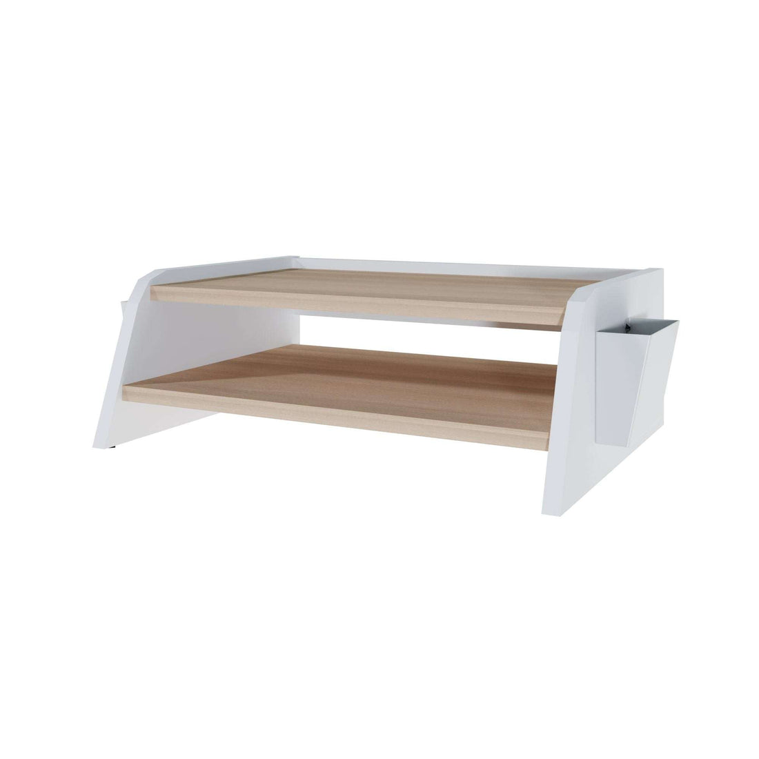 Butley Monitor Stand in white and wood with two shelves and side pen holder for ergonomic desk organization