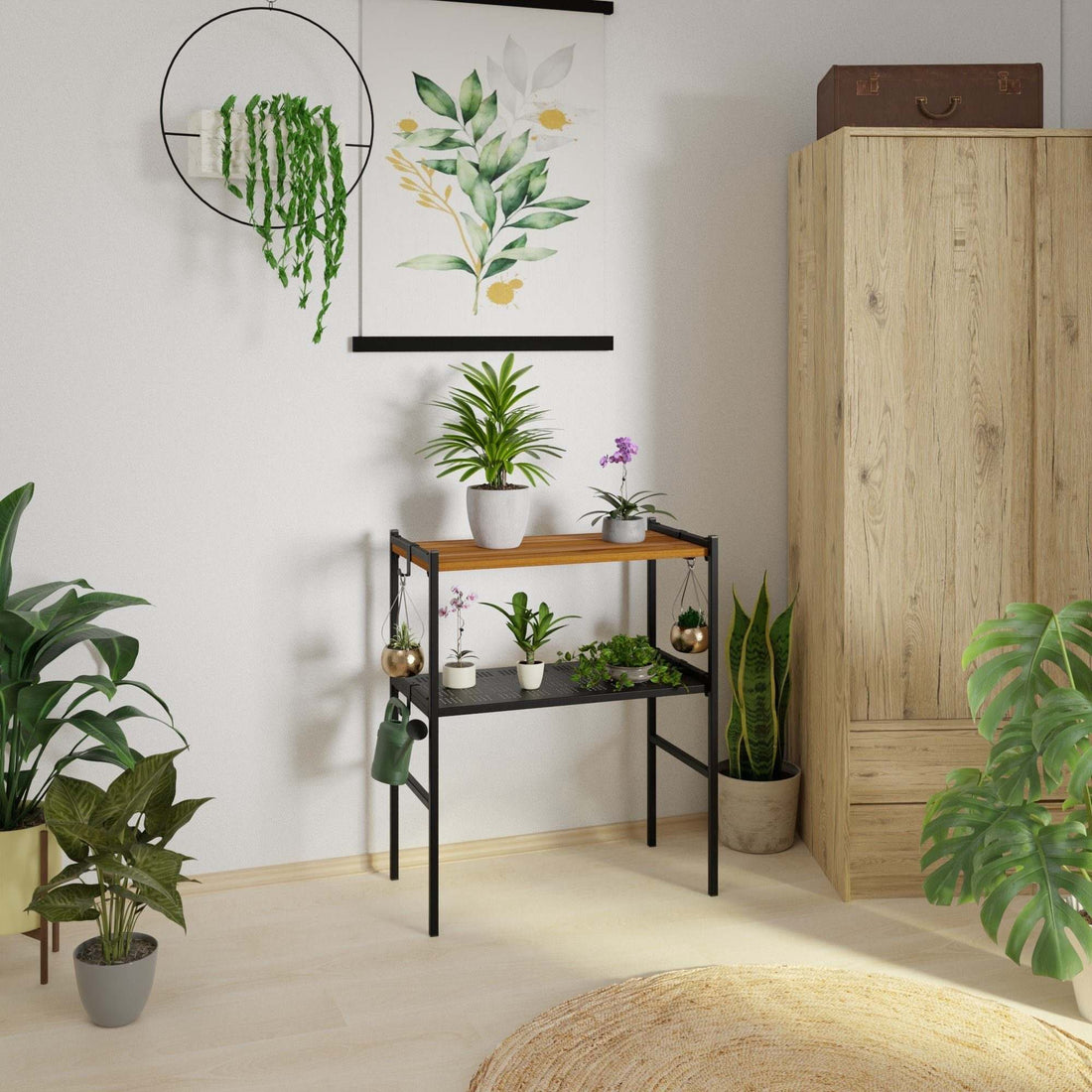 Modern Melia Plant Stand with black metal frame and walnut top displaying small potted plants in a stylish indoor corner