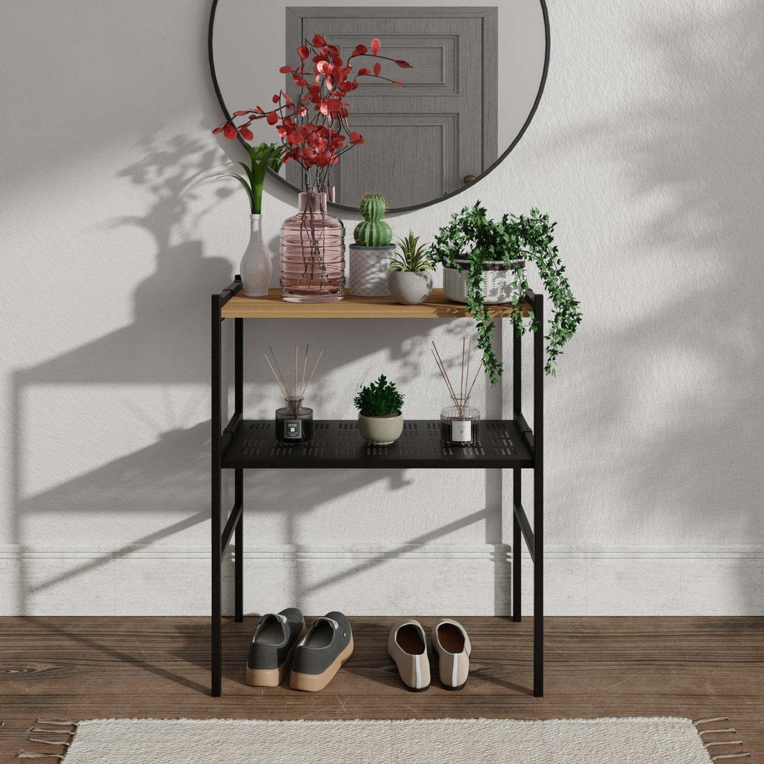 Modern Melia Plant Stand with black metal frame and walnut top displaying small potted plants in a stylish indoor corner