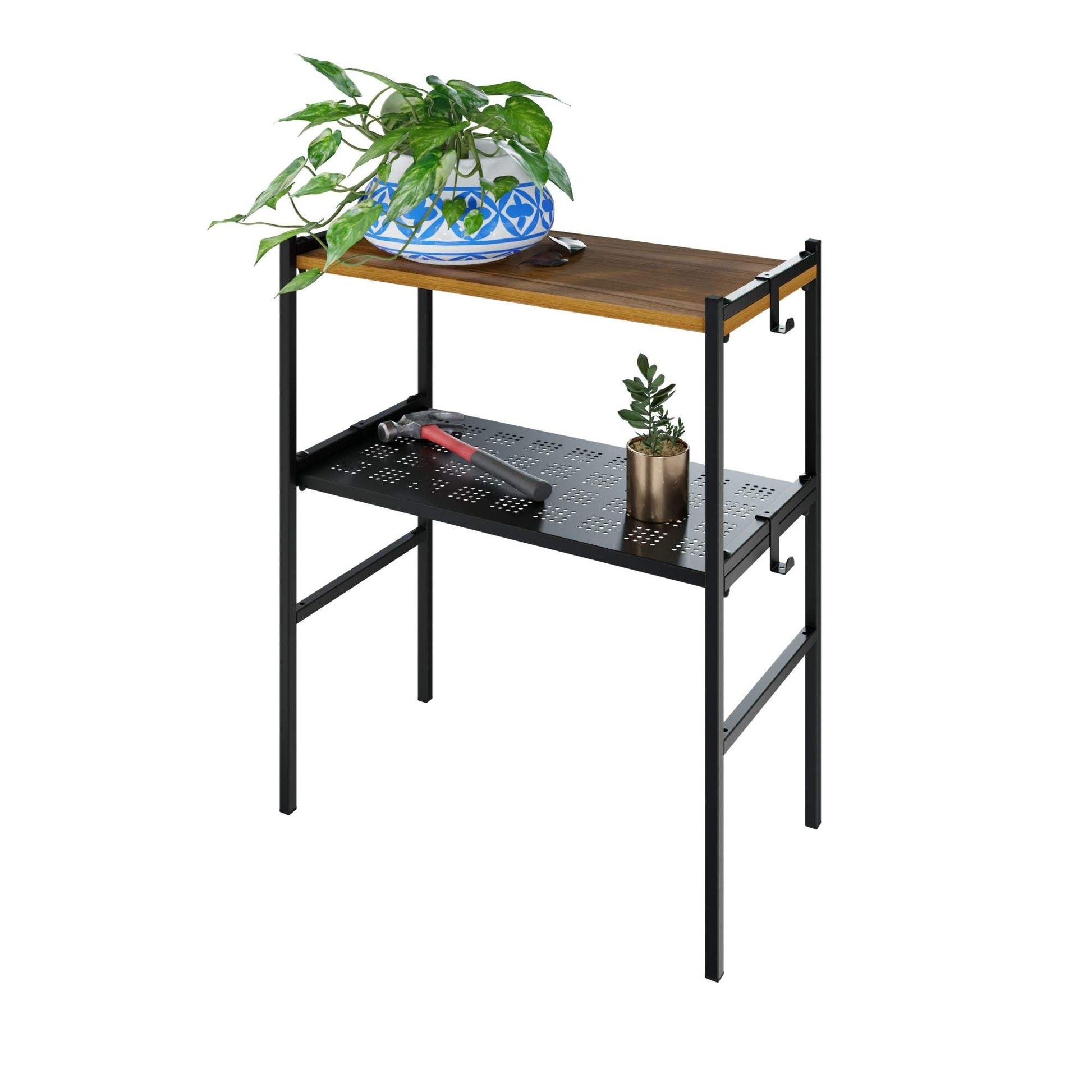 Modern Melia Plant Stand with black metal frame and walnut top, versatile indoor shelf for plants and decor, 60x32x73 cm.