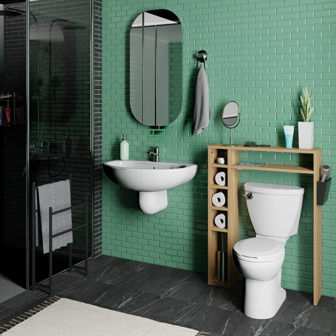 Bathroom Storage Shelf "Helmer" - Elegant & Compact 80 x 21 x 106 cm - Walnut Troia & Black Levira