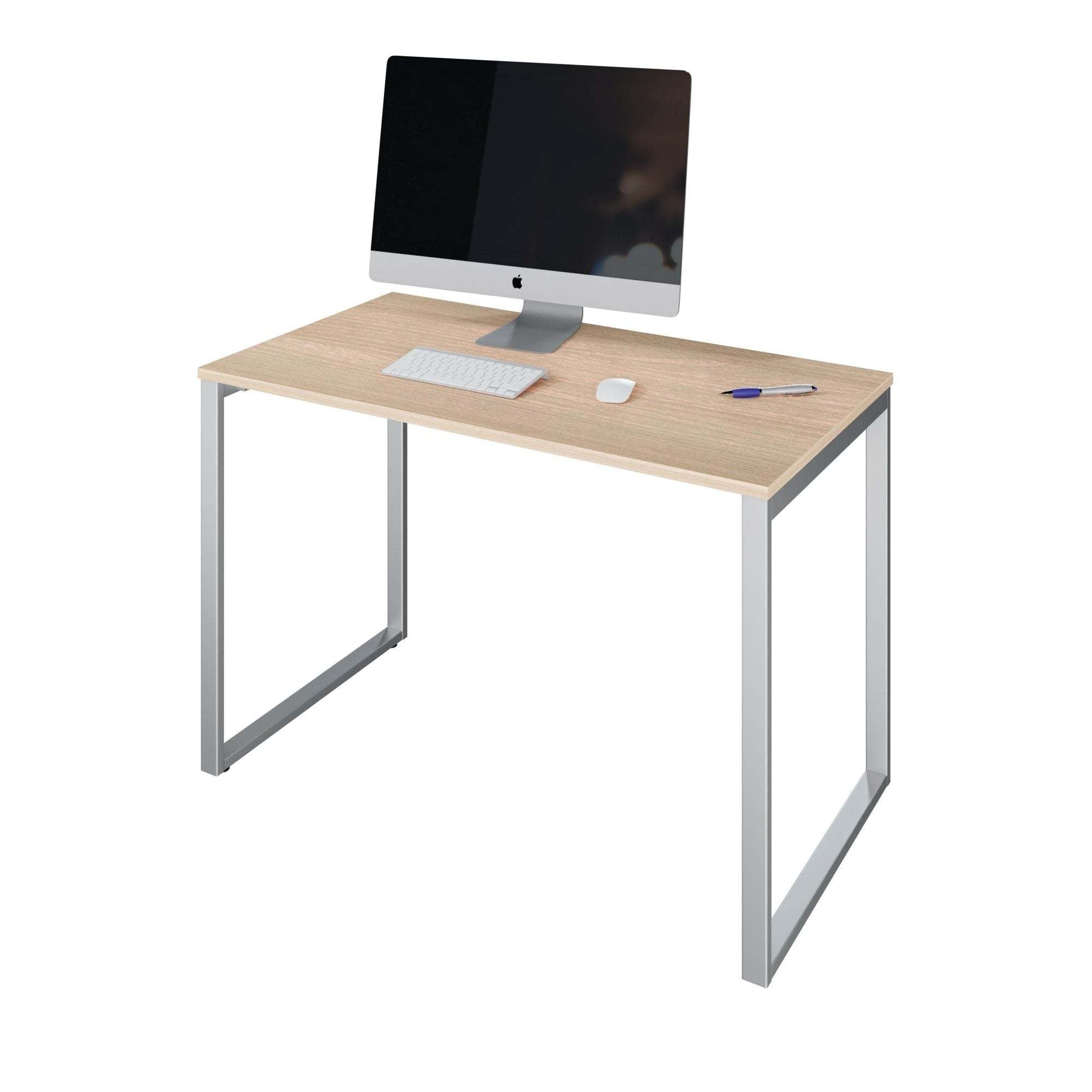 LEVI Fulda II computer desk 110x60x74 cm with white steel legs and choco cherry tabletop with desktop accessories