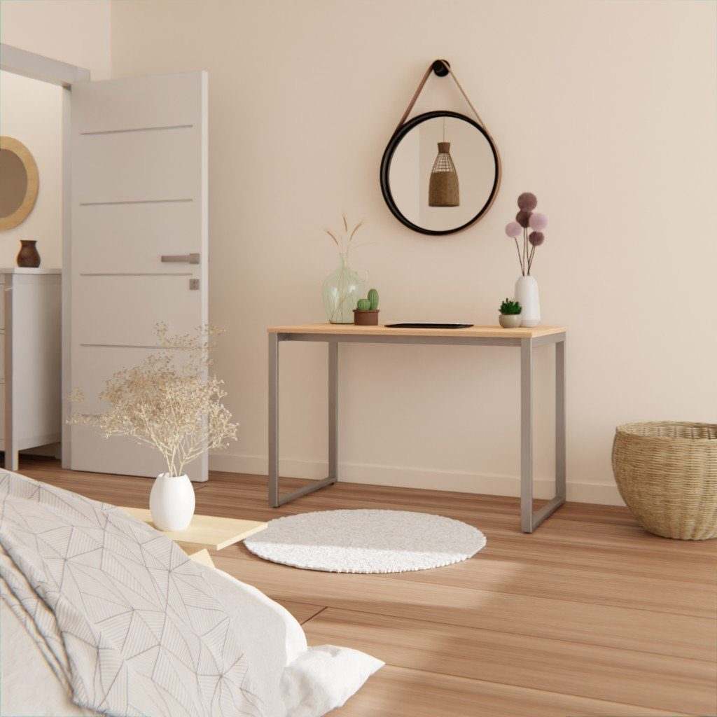 Minimalist LEVIRA Fulda II computer desk in white and choco cherry with laptop in modern home office setting