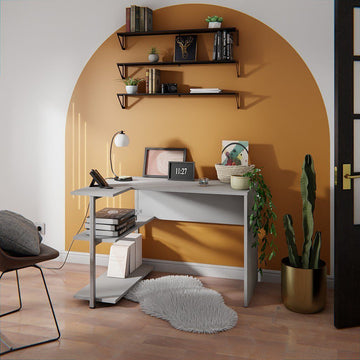 Scrivania per computer con vano portaoggetti, Scrivania da ufficio Sieg II, Grigio Levira