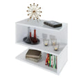 White S-shaped shelf bookcase with three tiers holding books and decorative items