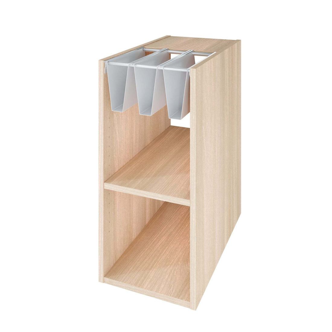 Compact wooden bookshelf with three grey metallic file holders on top designed for modern storage and organization
