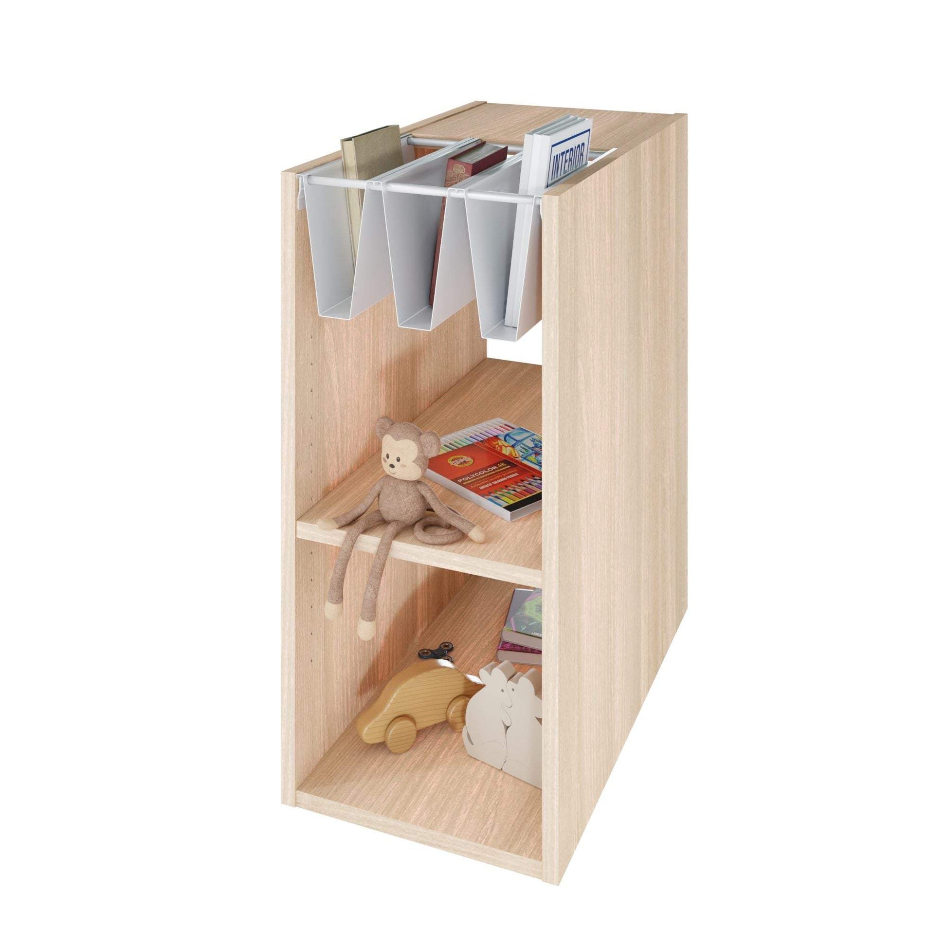 Compact wooden bookshelf with grey metallic magazine holders, plush toy, and decorative items for modern storage