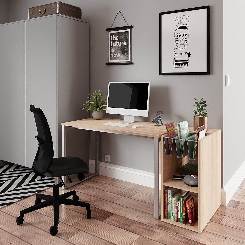 Modern grey metallic bookshelf integrated with a compact wooden desk in a stylish home office setup.