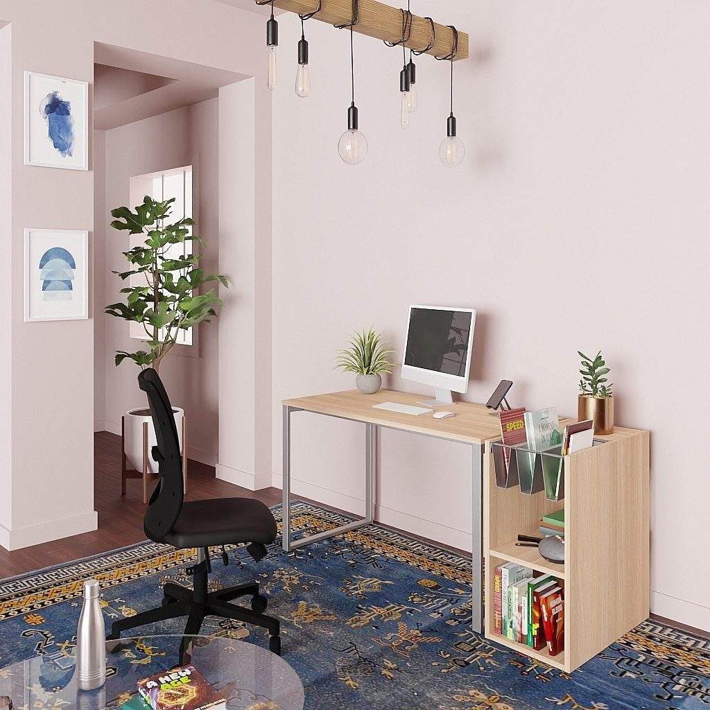 Modern grey metallic bookshelf attached to wooden computer desk in stylish home office with black swivel chair and decorative plants