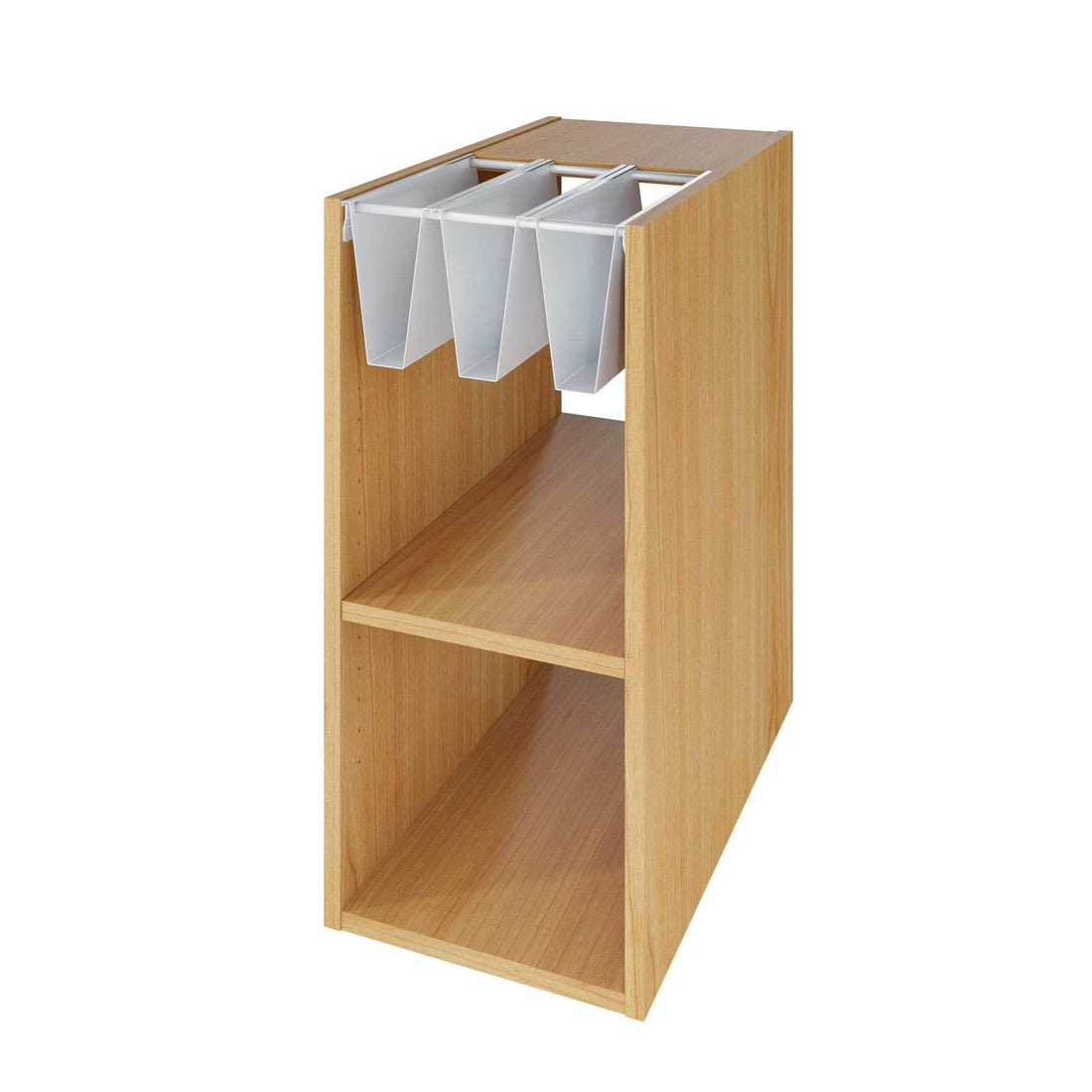 Modern bookshelf with wood finish and white hanging file holders for organized storage