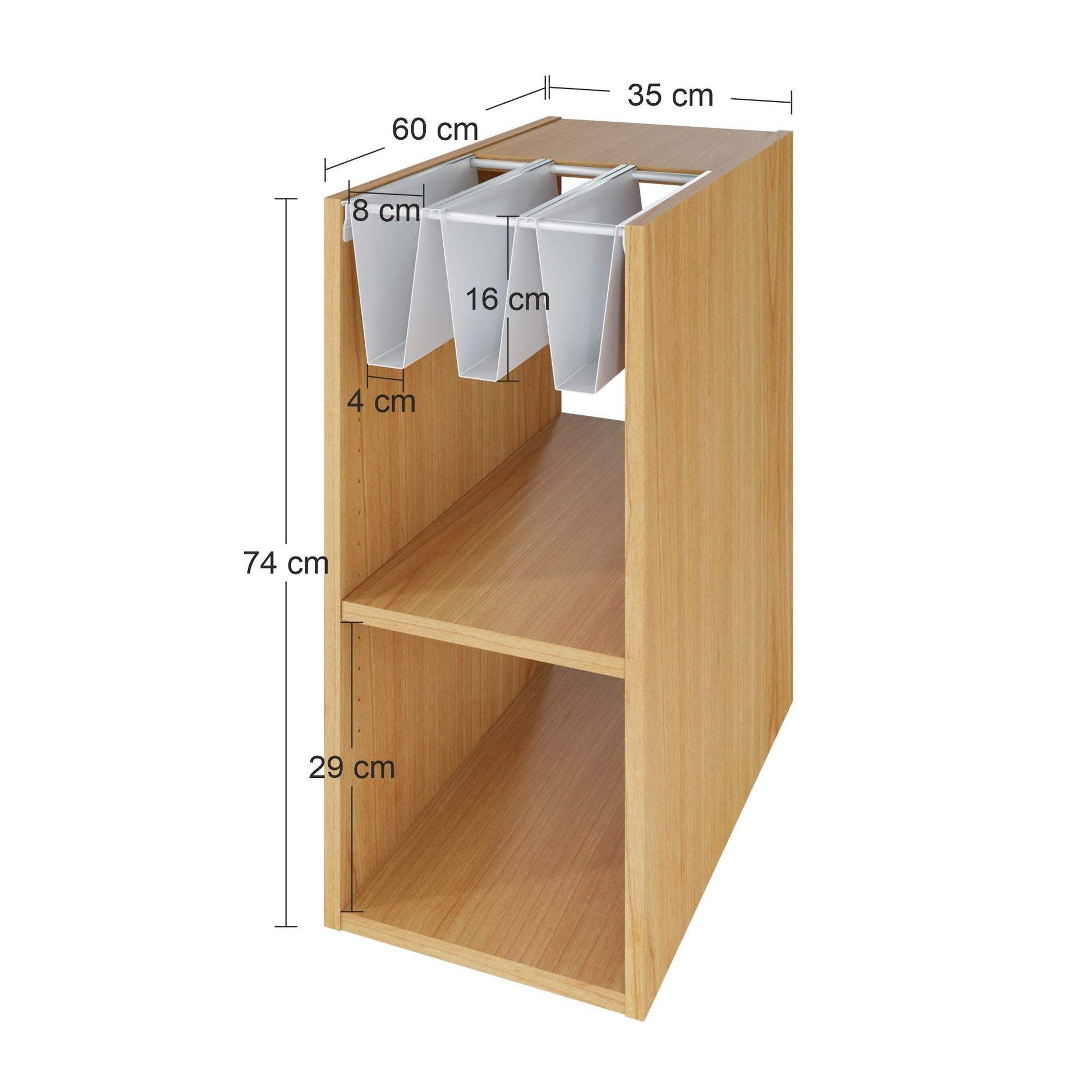 Modern bookshelf in white and choco cherry Levira finish with compact, multi-shelf storage design and dimensions shown.