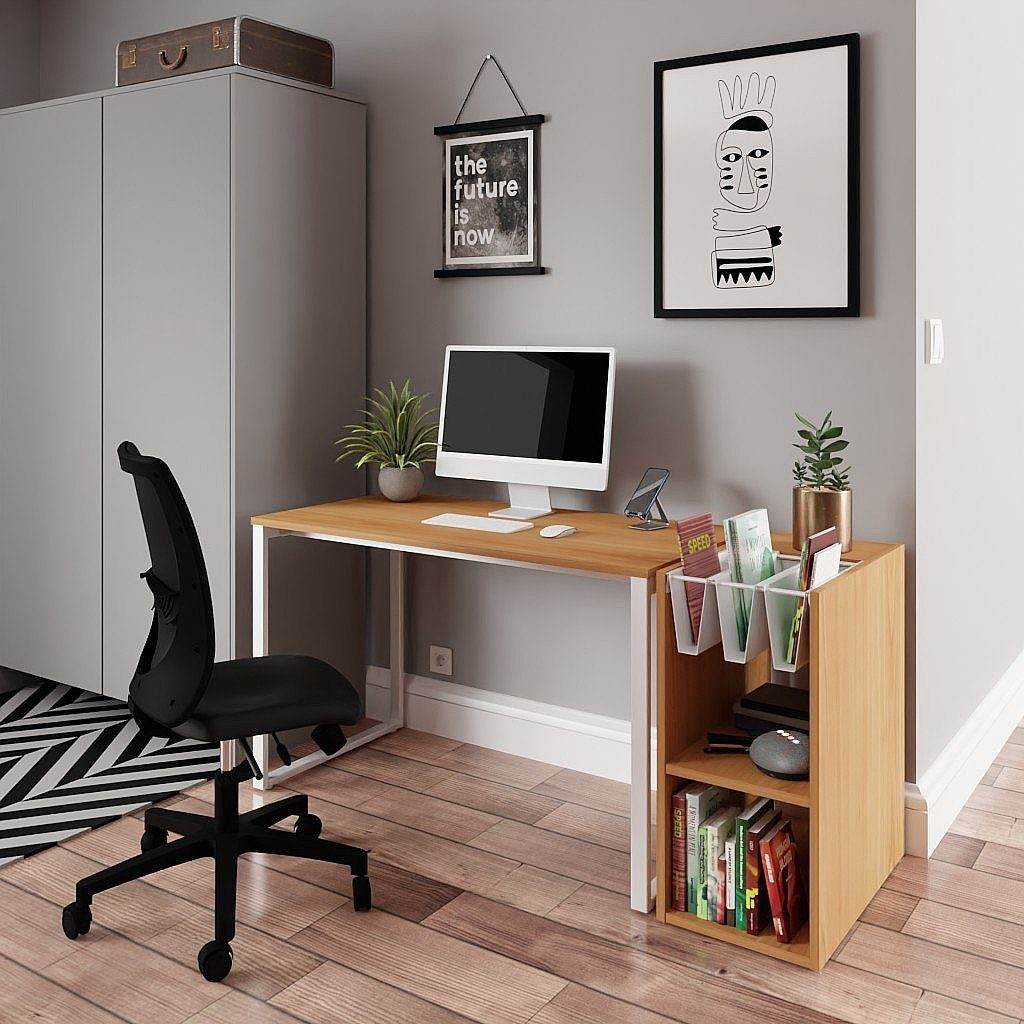 Modern bookshelf with wooden finish and compact storage in a minimalist home office setting