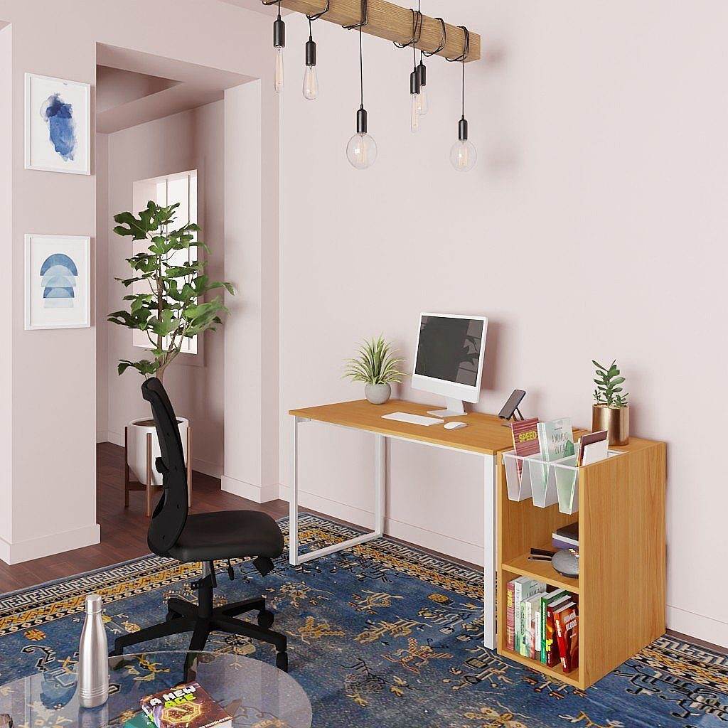 Compact modern bookshelf in white and choco cherry Levira finish integrated with a wooden desk in a minimalist home office setup.