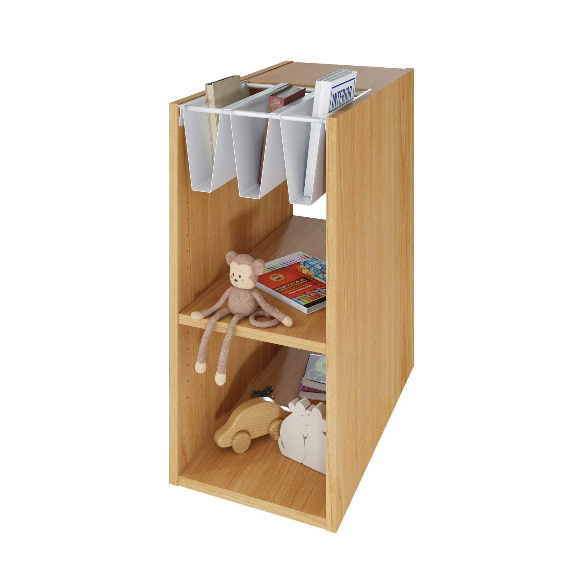Compact modern bookshelf in choco cherry finish with white magazine holders and two storage shelves, ideal for elegant and space-saving storage.