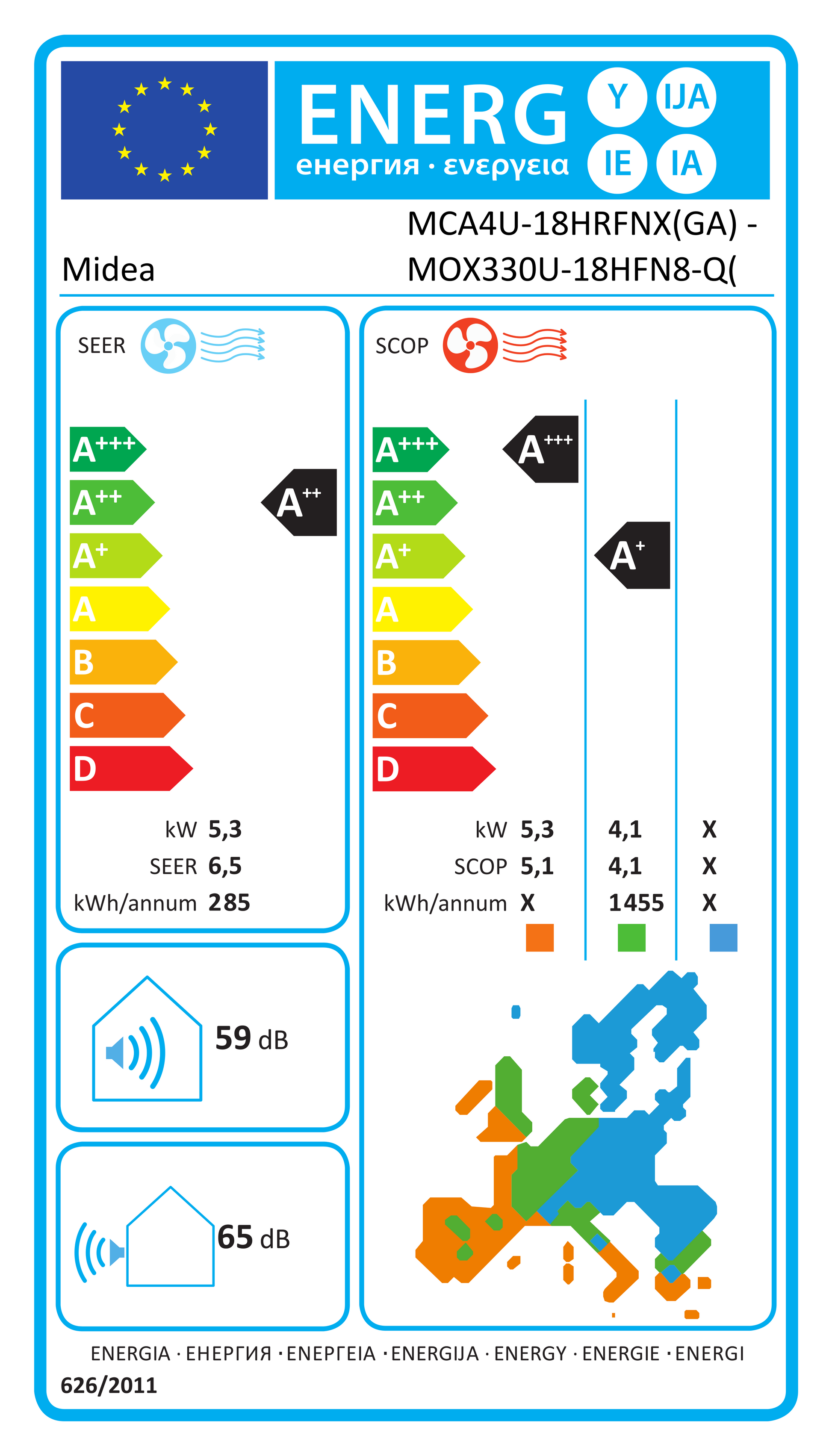 EU-Energielabel MCA4U-18HRFNX-QRD1W(GA) – EPREL 2782174 – A++
