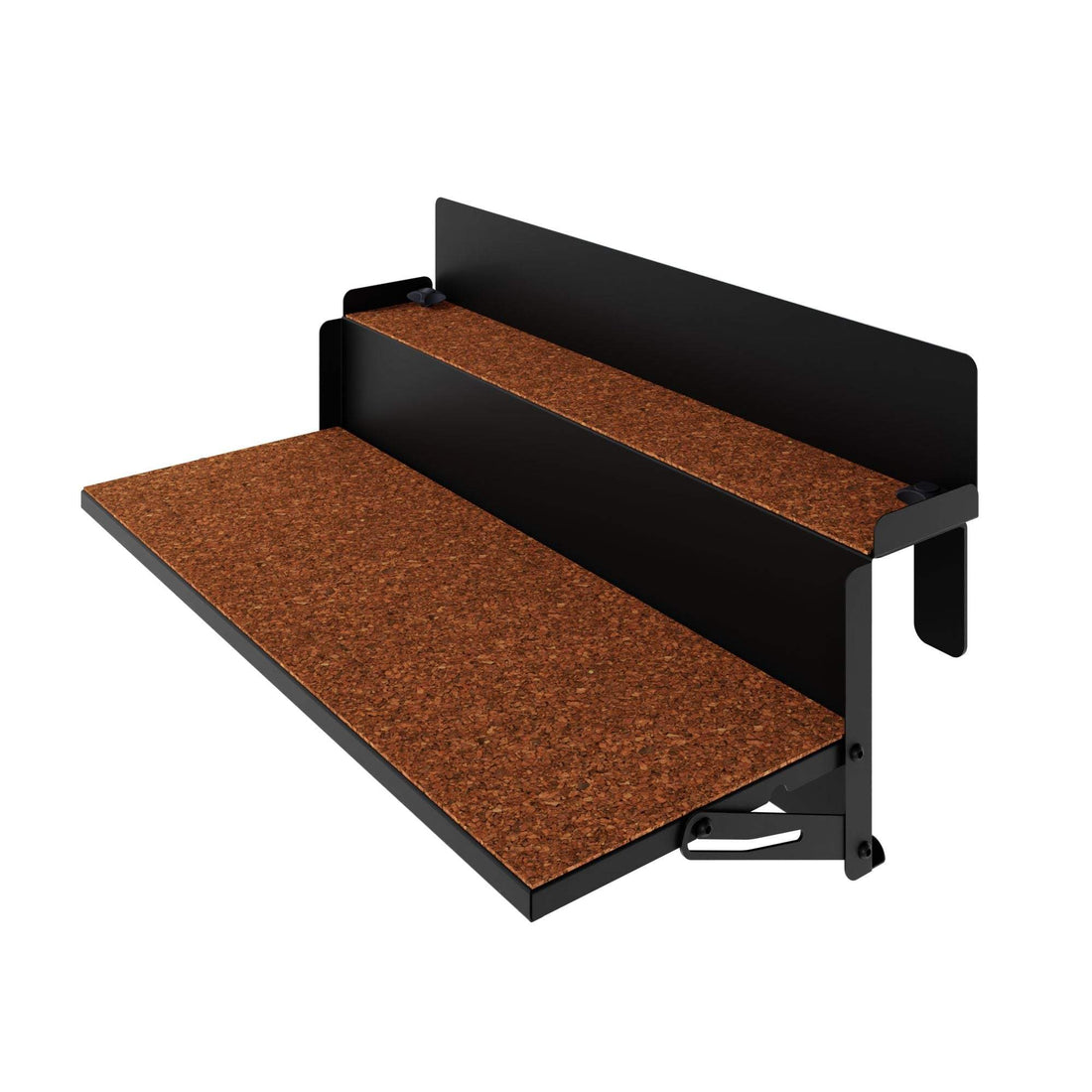 Black metal FORFUN Table Shelf with cork-lined surfaces, adjustable for balcony railings, ideal for small outdoor spaces