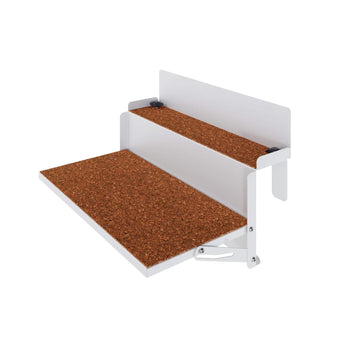 White metal small balcony shelf with cork lining, foldable design for railing attachment