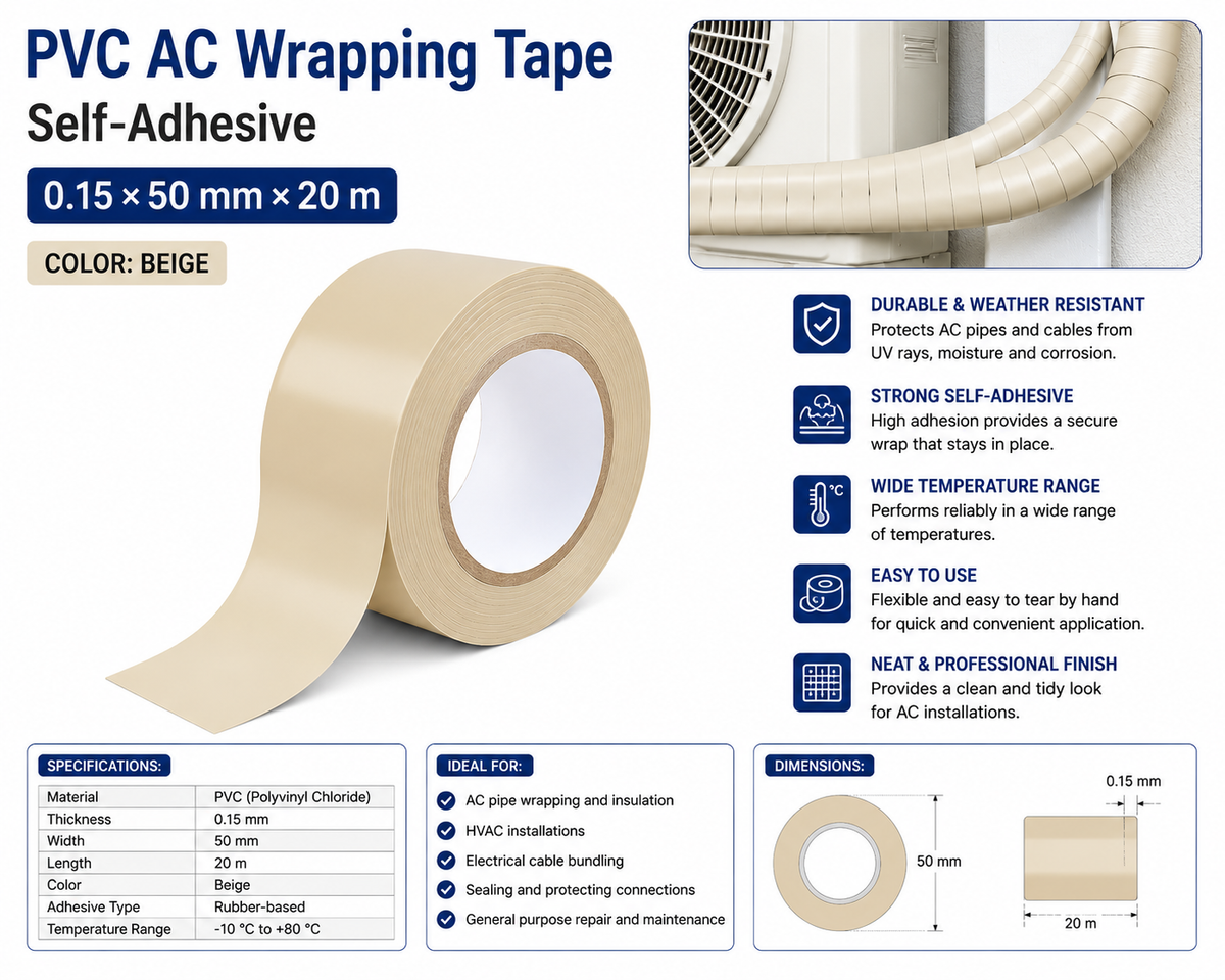PVC AC Wrapping Tape Self-Adhesive Beige 0.15 × 50 mm × 20 m
