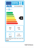 Energy label for AUX AM-12C4A4/QAR2-B6 mobile inverter air conditioner showing A energy rating, 3.5 kW cooling capacity, 2.6 EER, and 64 dB noise level.