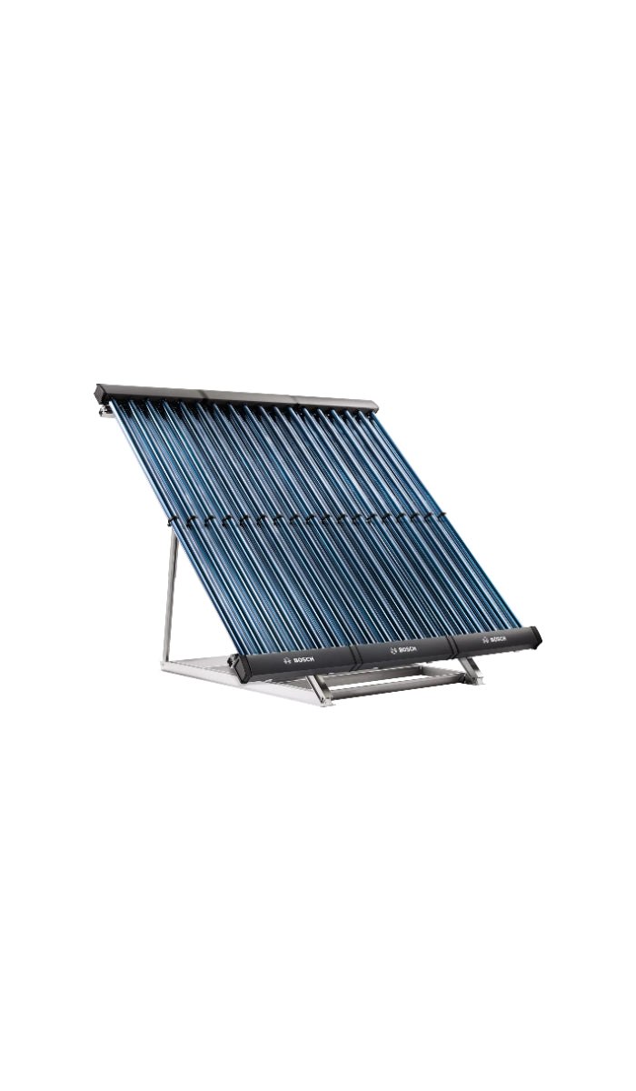 Solar 8000 TV Bosch high power vacuum tube solar collector with six blue double-walled vacuum tubes on metal frame for water heating and heating applications.