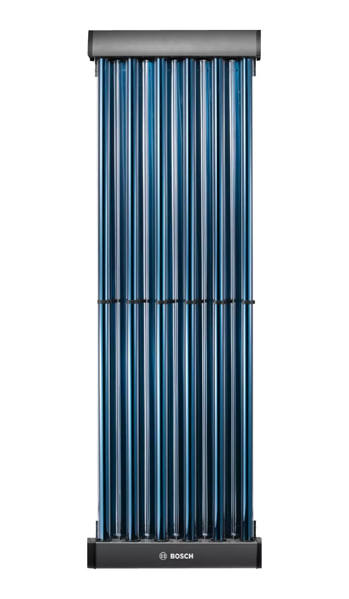 Solar 8000 TV Bosch high power vacuum tube solar collector with six blue double-walled vacuum tubes on metal frame for water heating and heating applications.