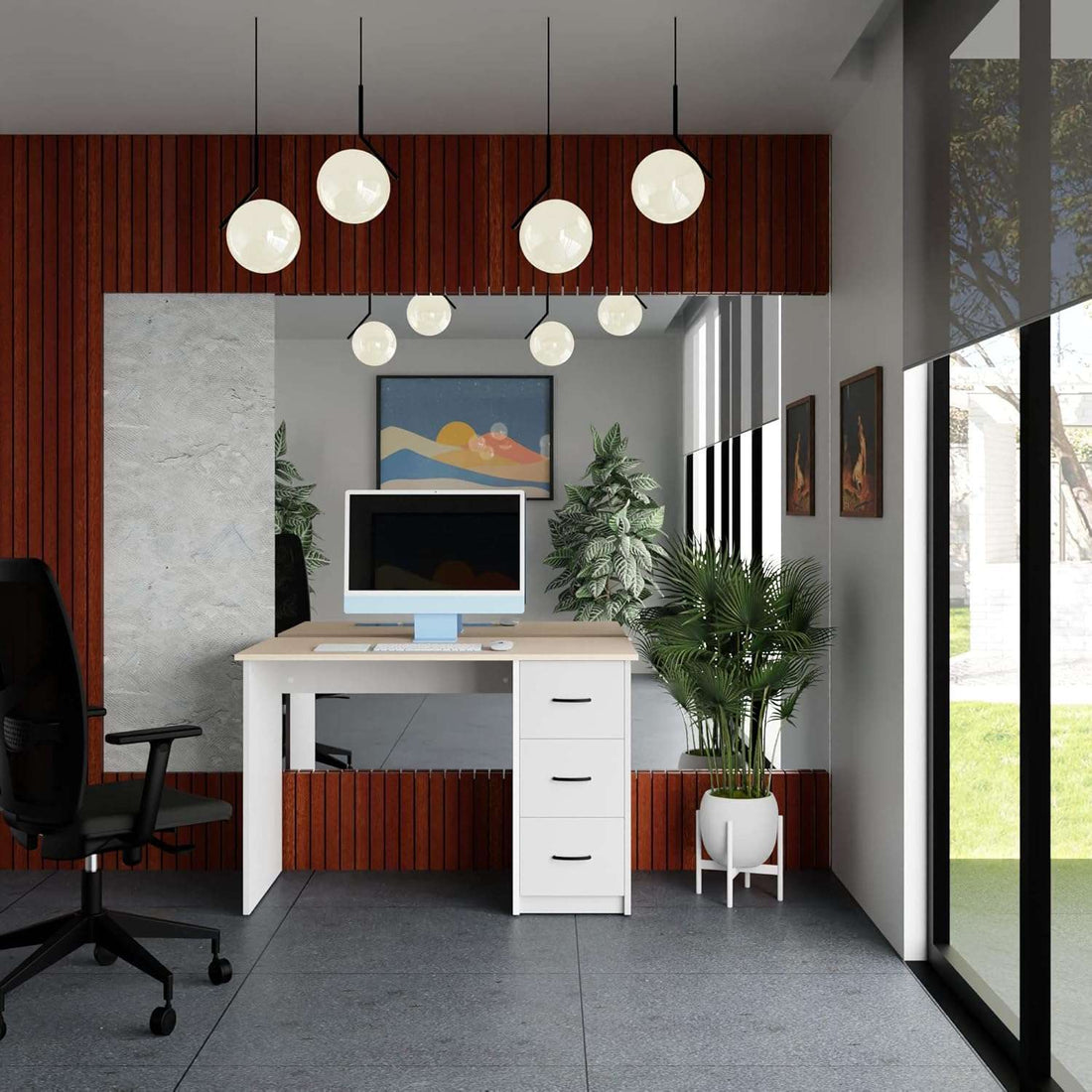 Modern Aure Desk with oak finish top and white drawer storage unit